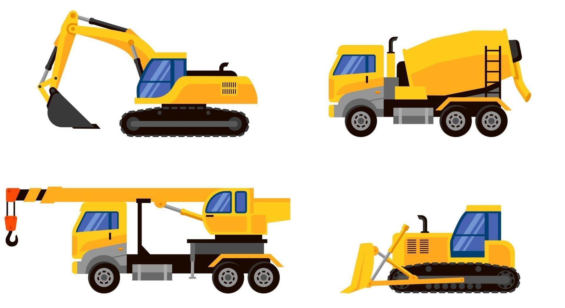 Different types of heavy machinery side view. vector