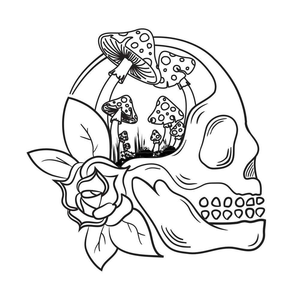 Ilustración de una calavera con un hongo en crecimiento, perfecta para diseños de ropa premium vector