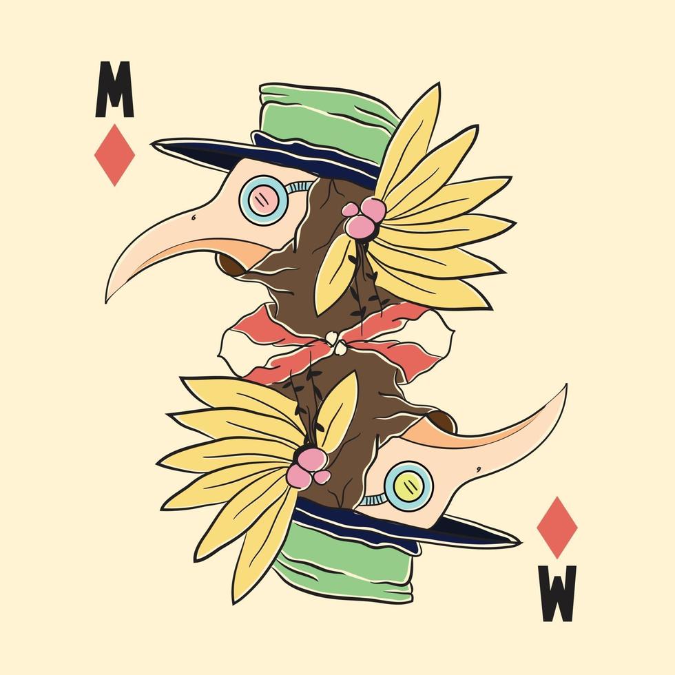 Ilustración de tarjeta de cabeza de pájaro, diseño de tatuaje colorido con pico. vector