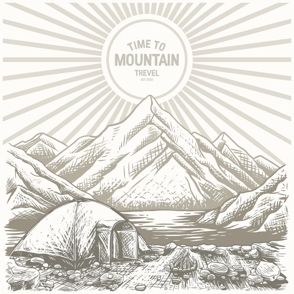 landscape sketch with forest,tent,mountains,Lake,camp with tents.premium vector