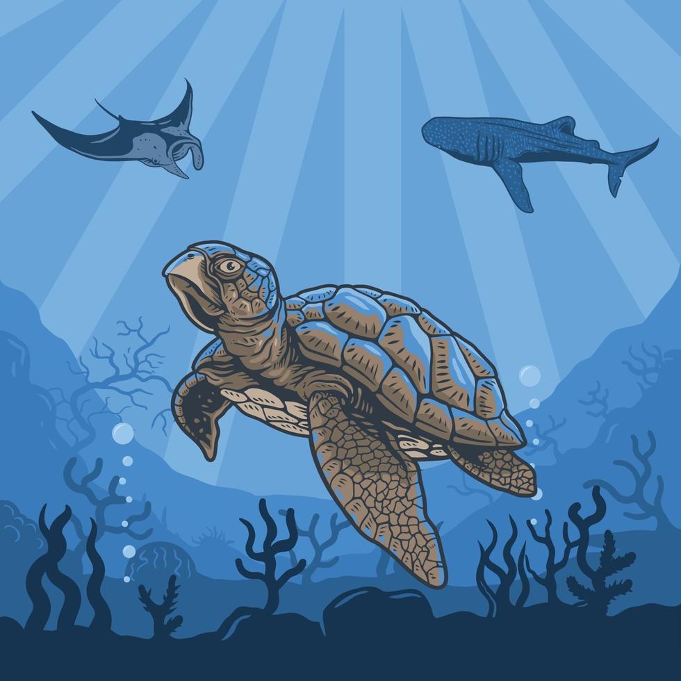 illustrations Underwater of turtles,whales,stingray,coral reefs and water.premium vector