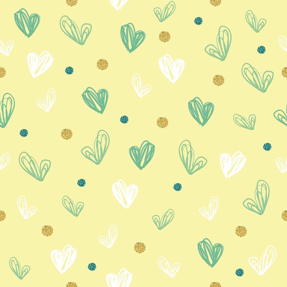 seamless white and green hand draw heart shape with dot glitter pattern background vector