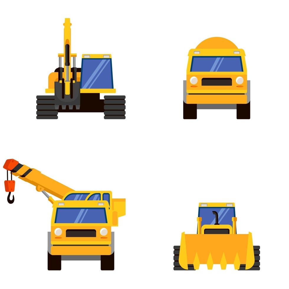 Different types of heavy machinery front view. vector