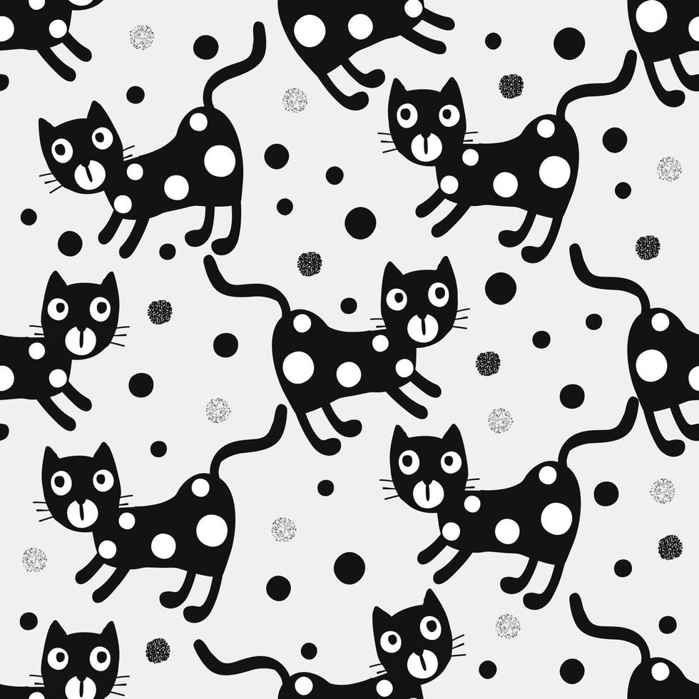 Seamless kids pattern background with hand draw black glitter and polka dot cat vector