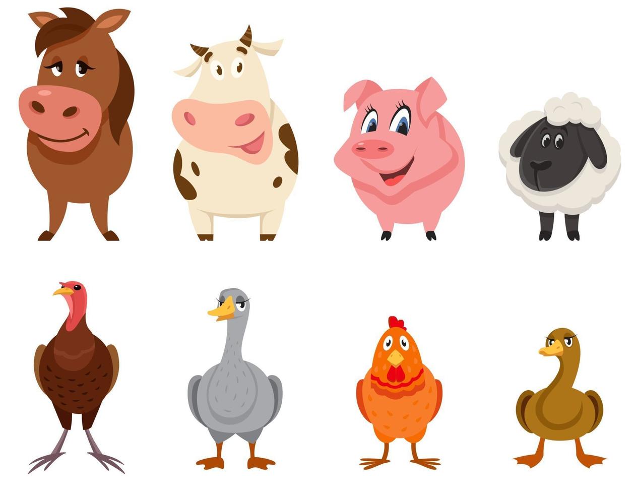 conjunto de vista frontal de animales de granja. vector