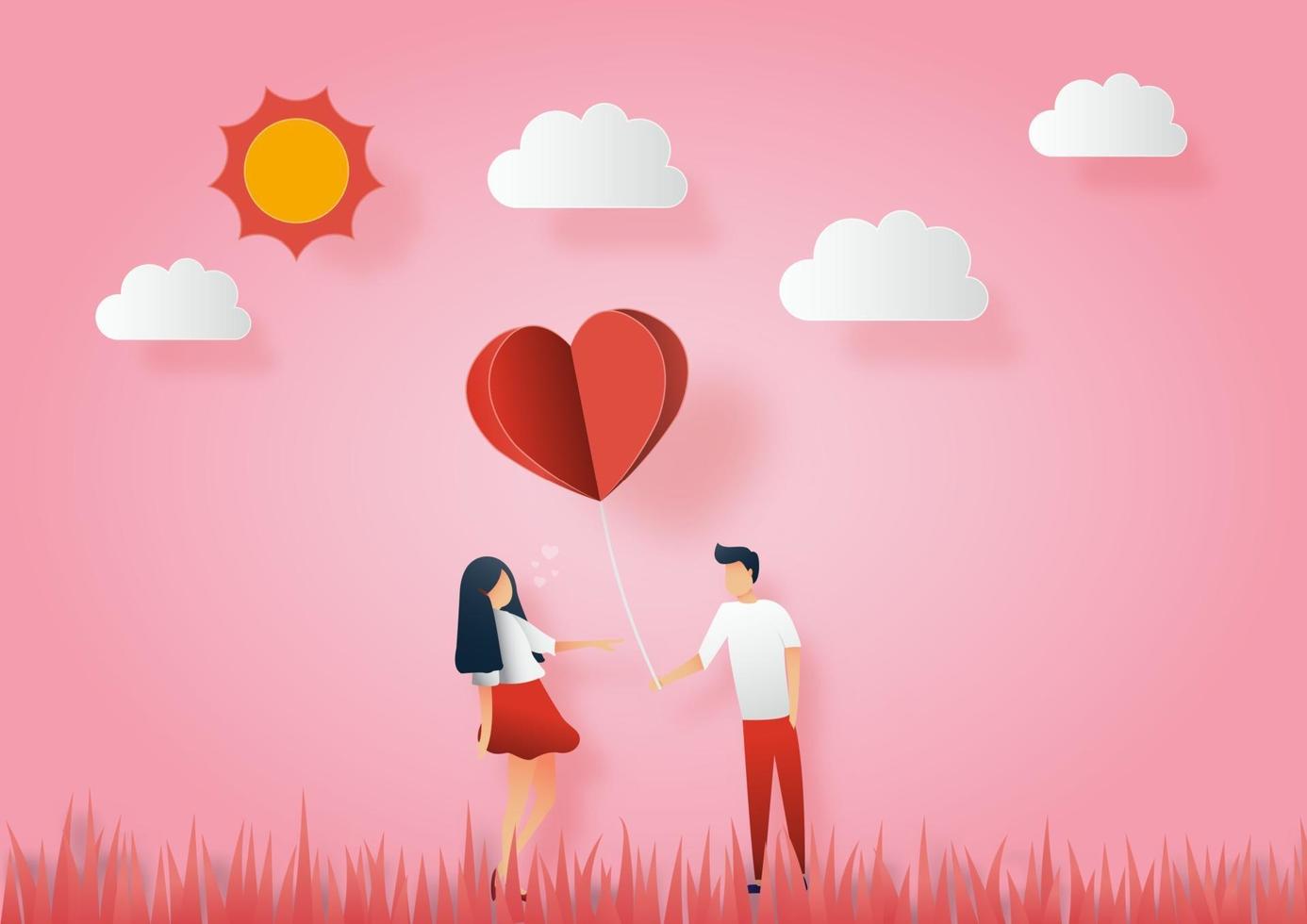 Concept of valentine day. Men give paper hearts to women. Vector paper art illustration. Paper cut and craft style.