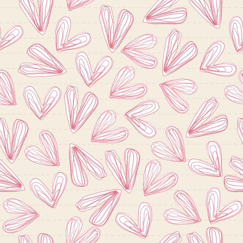 seamless valentine day pattern background with doodle pink heart sticker on lined paper vector