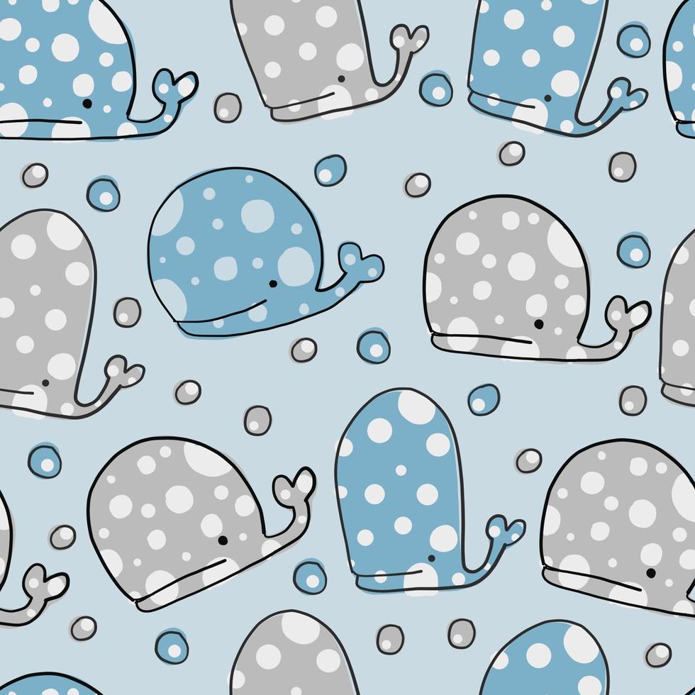 Seamless kids pattern background with hand draw polka dot whale in blue sea vector