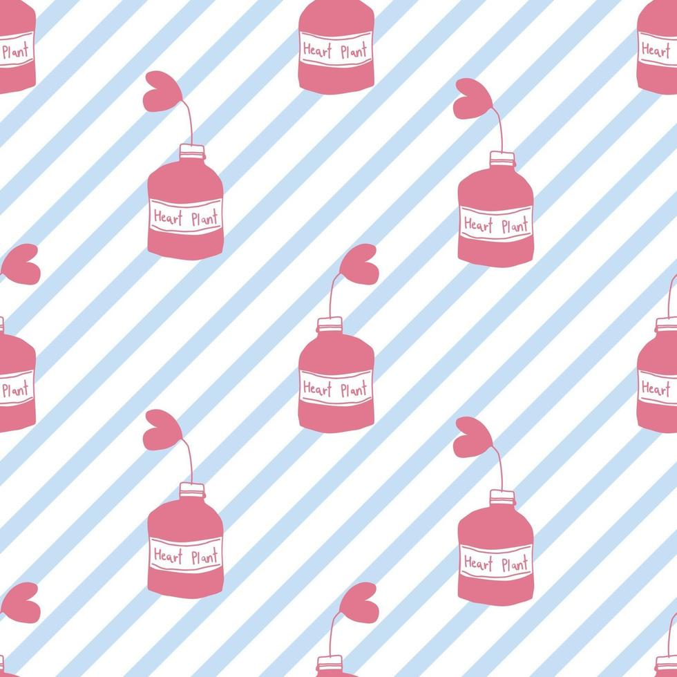seamless valentine day pattern background with hand draw pink heart plant in a bottle vector
