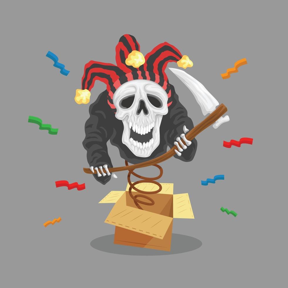 April fools day skull clown grim reaper comes out from the box. vector background