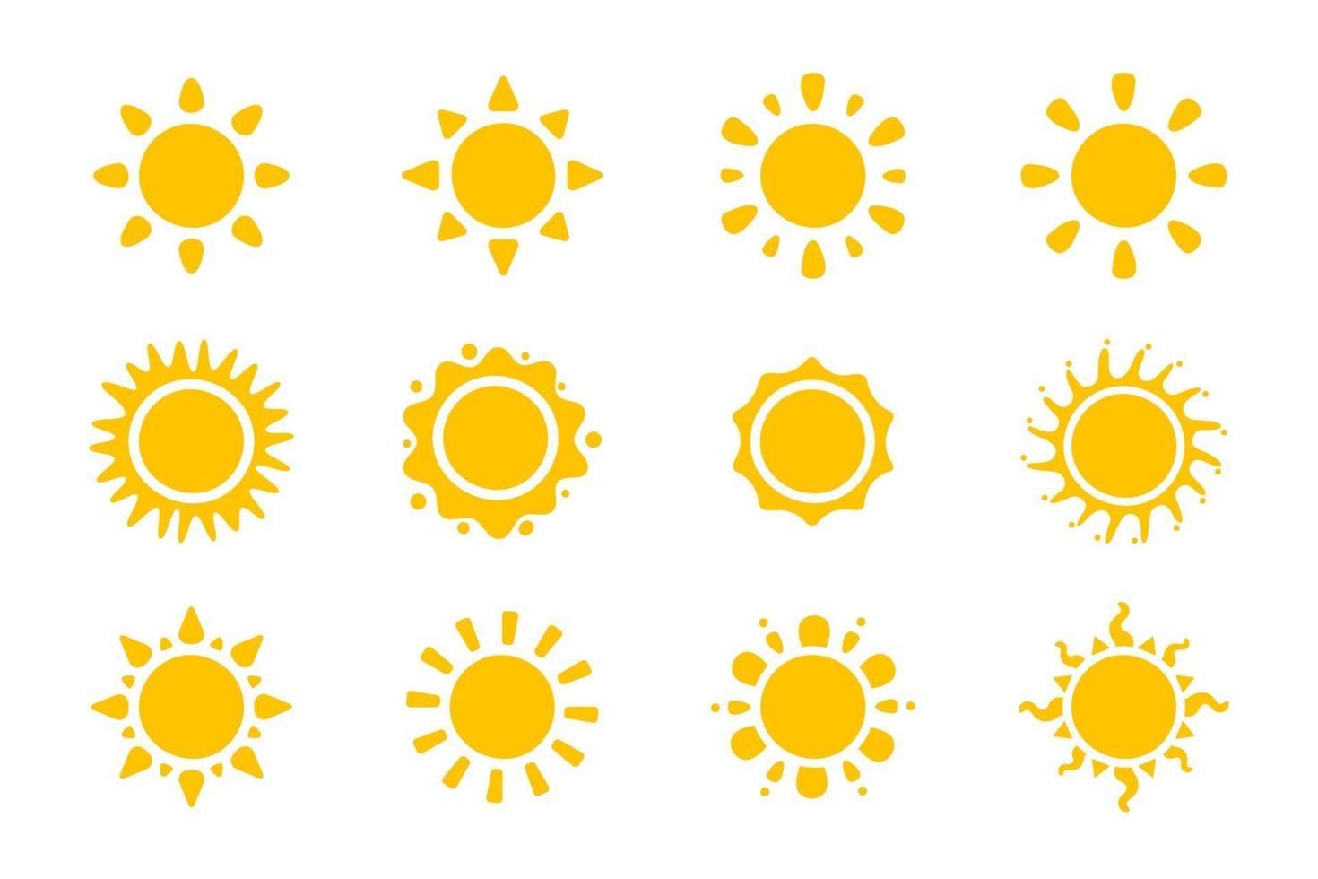 Vector cartoon yellow sun. Shining light rays to heat the summer. Isolated on white background