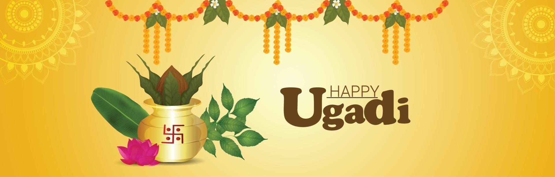 Feliz celebración de ugadi tarjeta de felicitación o banner con kalash vector