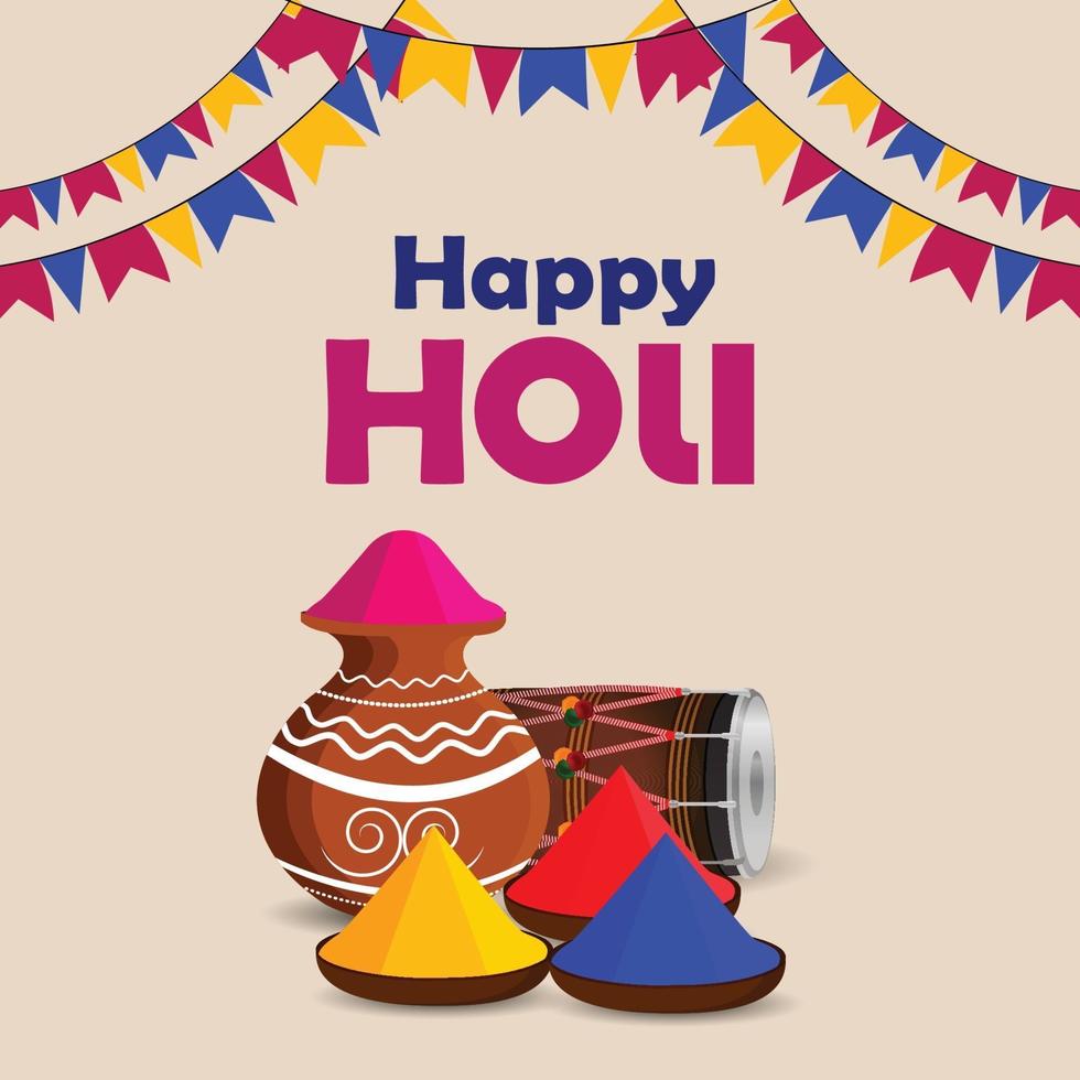 Happy holi background with color bucket and powder bowl vector