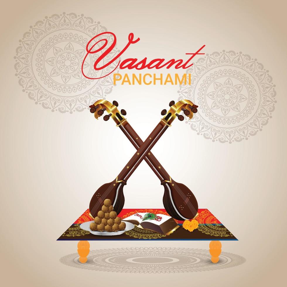 vasant panchami fondo creativo con saraswati veena y libros vector