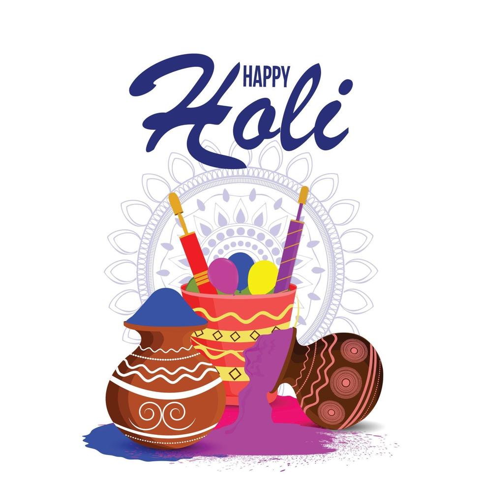 Happy holi background with color bucket and powder bowl vector