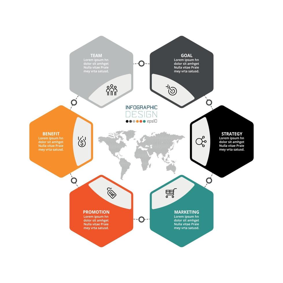 planificación del trabajo mediante formato de diagrama hexagonal. se puede utilizar para organizaciones empresariales o para describir diferentes partes del trabajo. vector