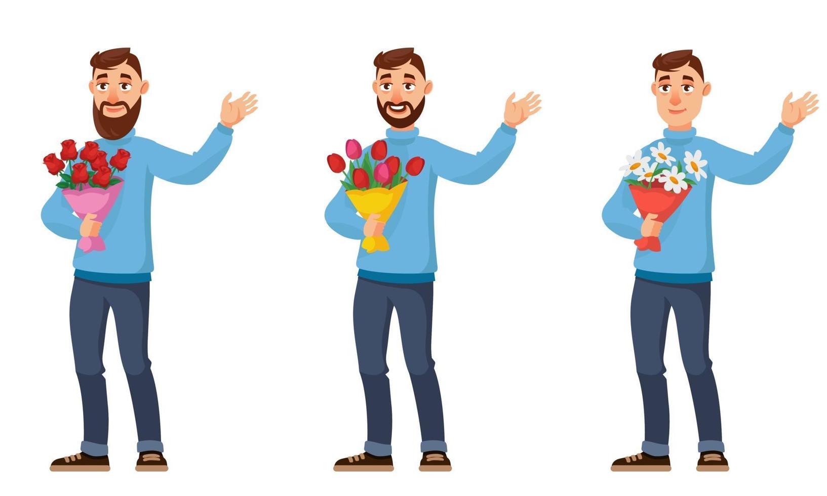 hombre sosteniendo diferentes ramos de flores. vector