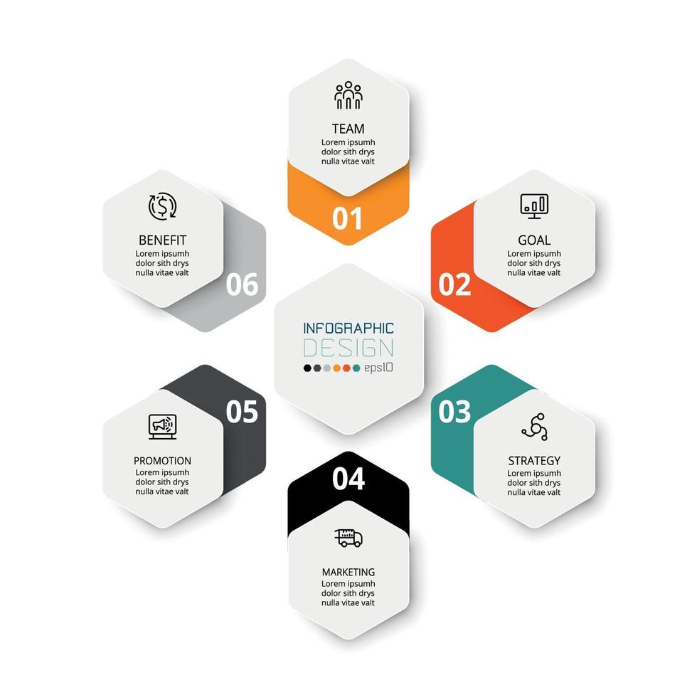 A six-step hexagonal diagram to display or explain functions. vector