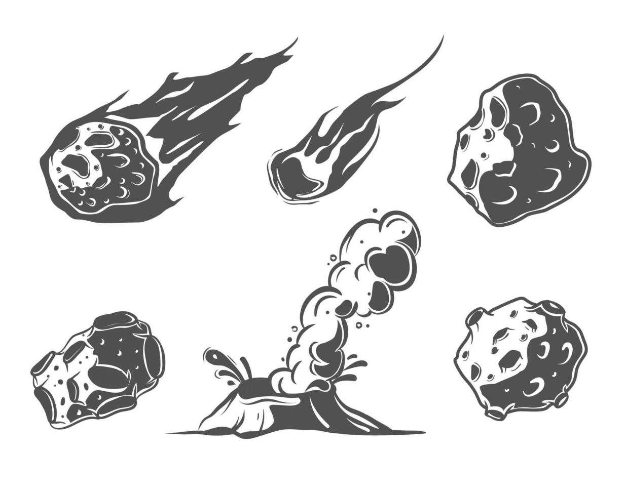 Meteors collection with falling comets. Asteroids, volcano. Crater in cartoon style. vector