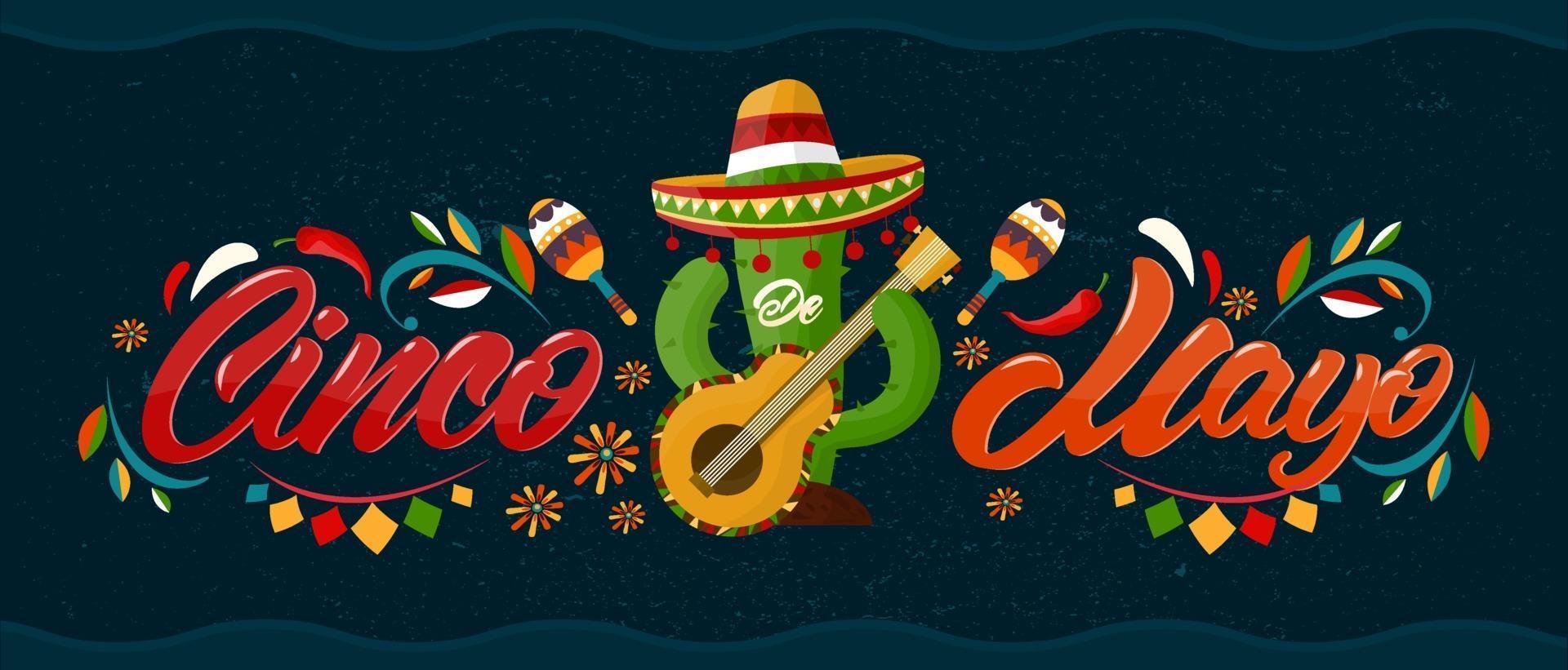 Cinco de mayo with lettering. May 5, federal holiday in Mexico. Poster with grunge texture and cactus with guitar and sombrero. Cartoon style. Vector banner.