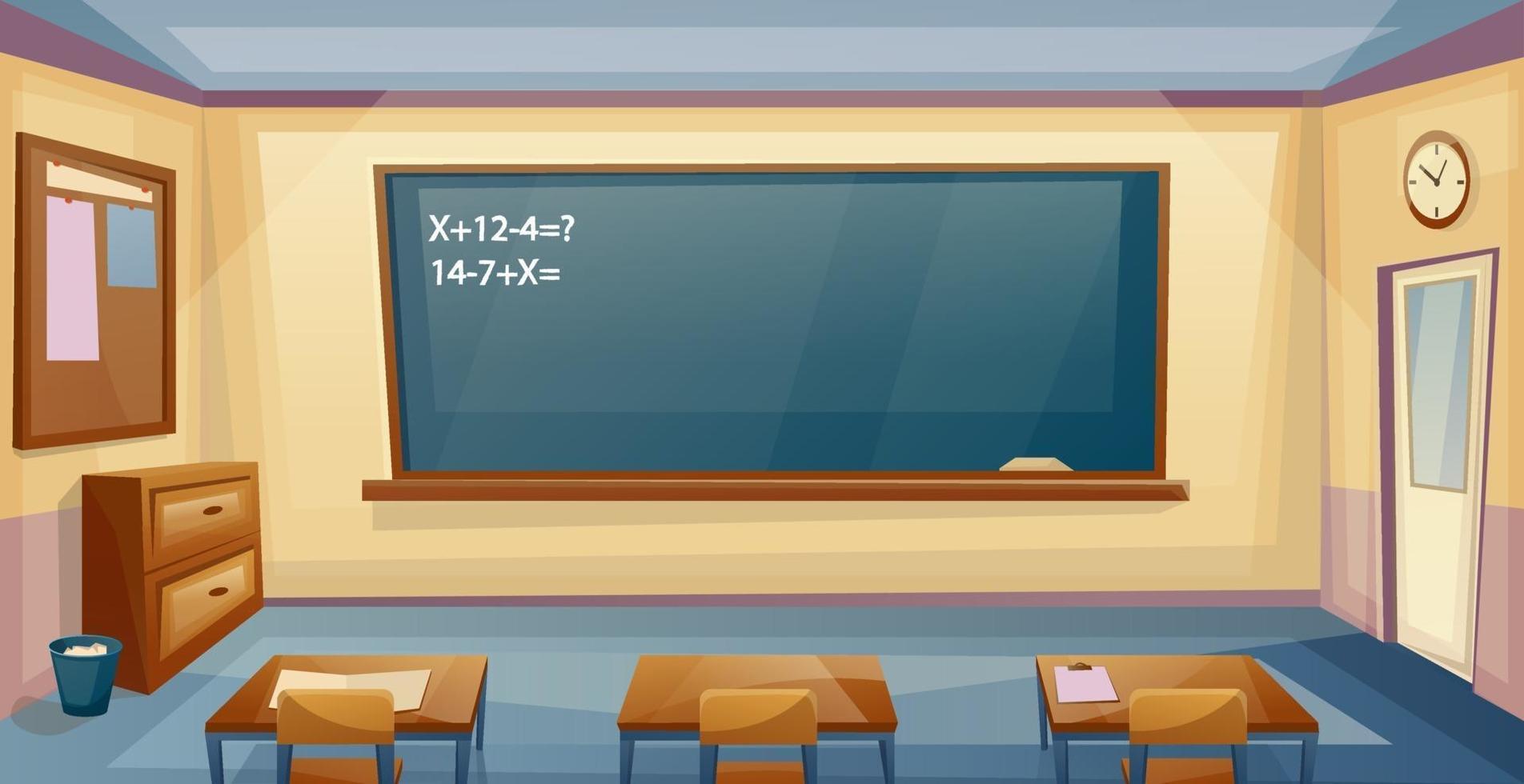 School Classroom Interior with desk and board. Lesson. University furniture, table, sofa and books. Vector cartoon