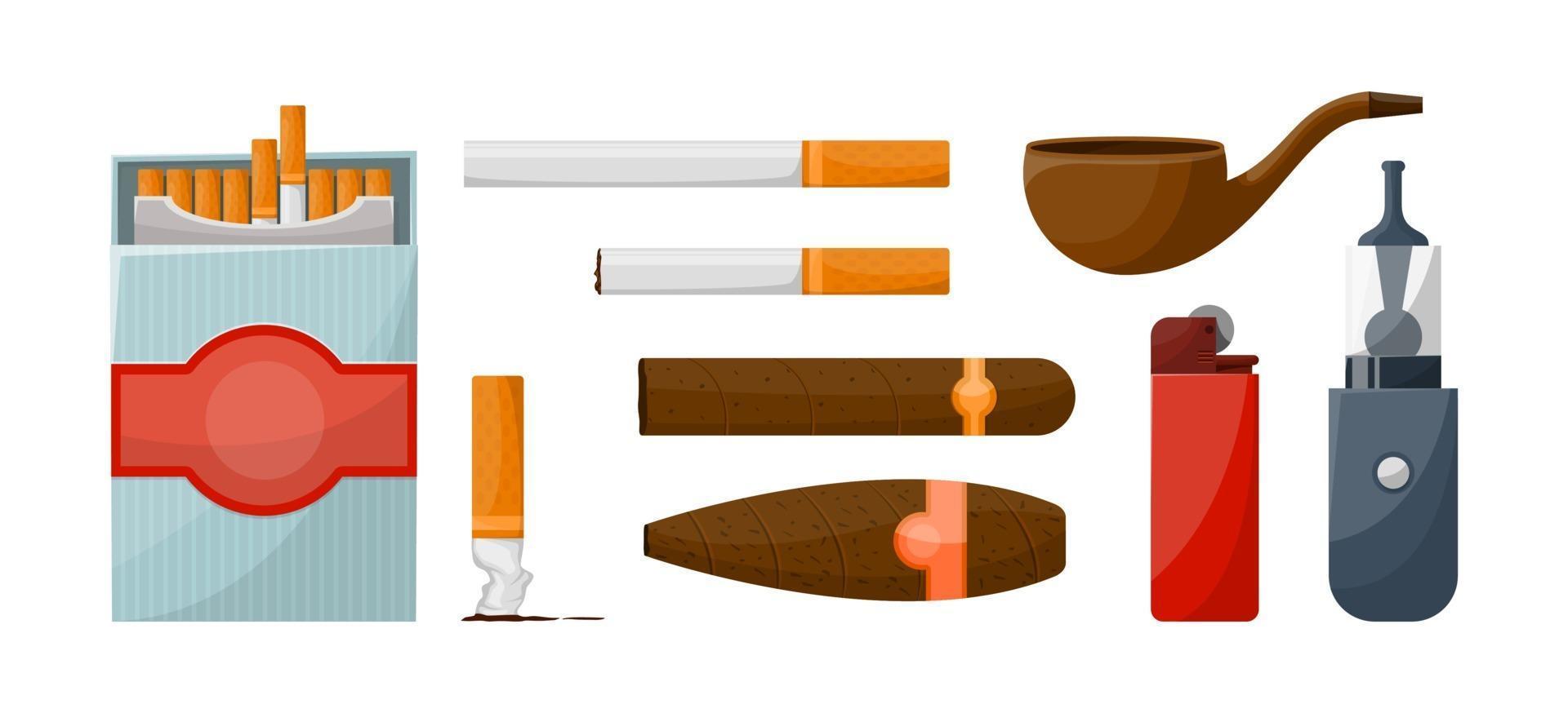 Cigarettes and various accessories for smokers set. Devices. Vector illustration
