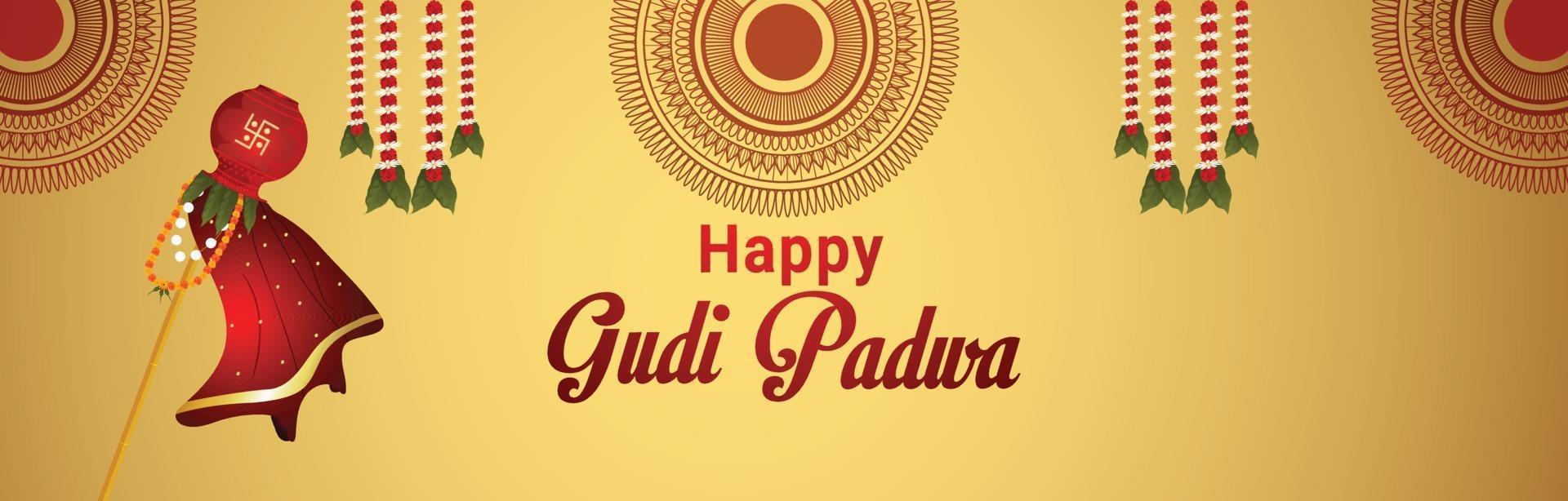 Happy gudi padwa celebration illustration with realistic kalash vector