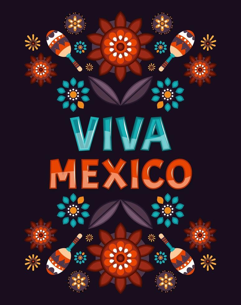 Viva Mexico. Colorful Mexican flowers, patterns and ornamert and chilli peppers. Vector illustration