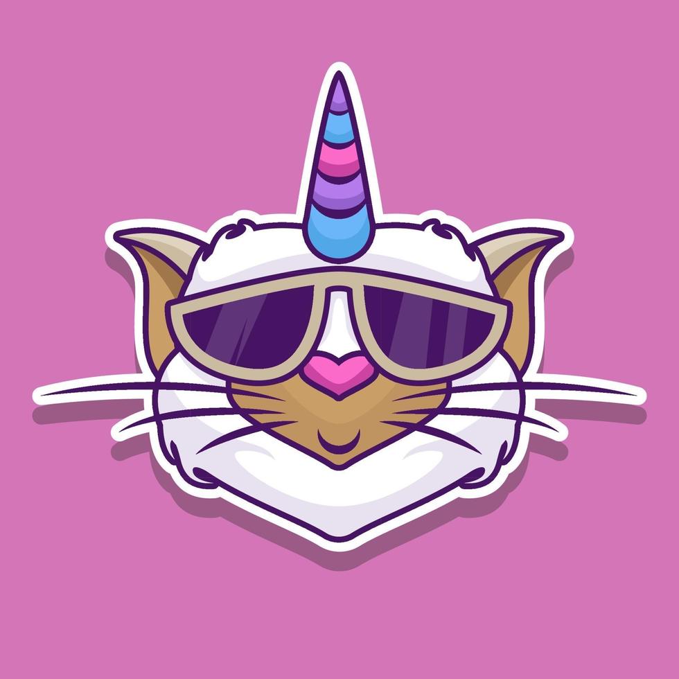 Pegatina de gato unicornio con gafas. diseño de ilustración vectorial. vector