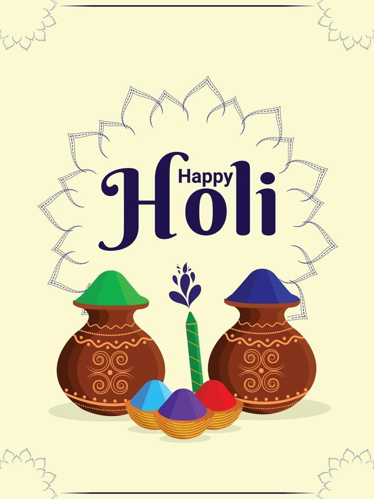 Happy holi indian festival greeting card with powder mud pot and colored paint vector