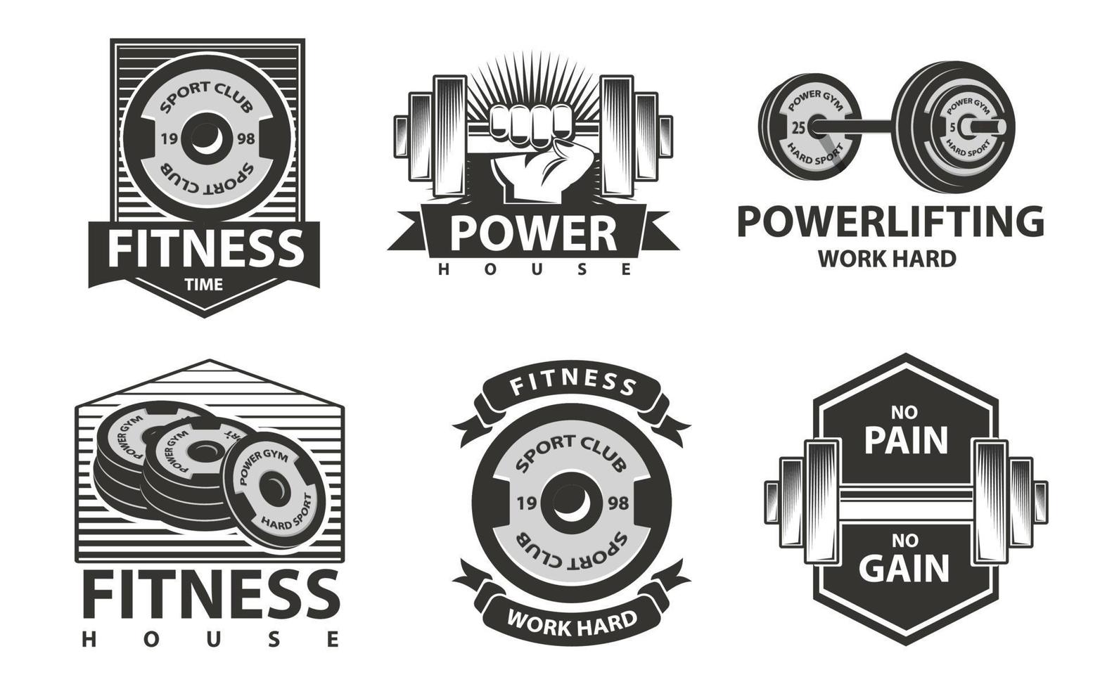 Fitness emblems or logos with barbell and rod, power house, powerlifting. vector