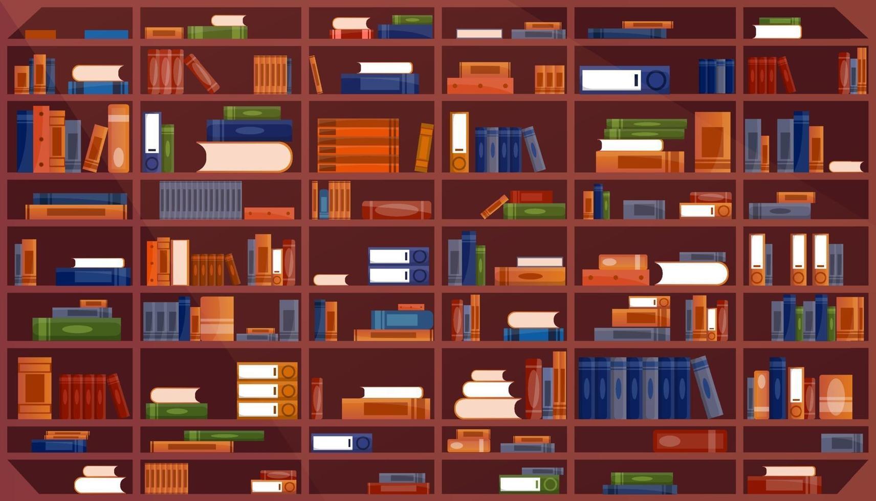 Large Bookcase with books. Library book shelf interior. Books and knowledge. Vector illustration pattern