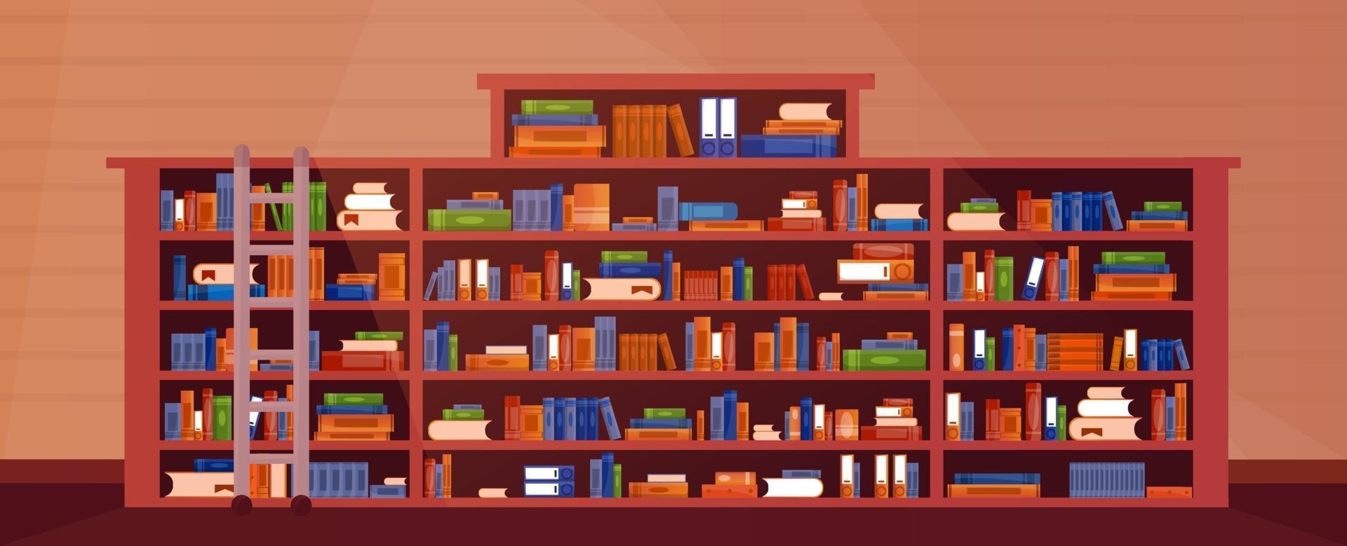 Librería grande con libros con escalera, escalera. interior del estante del libro de la biblioteca. libros y conocimientos. vector