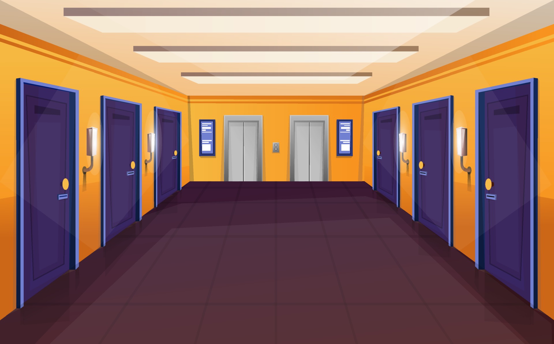 Corridor in hotel, empty hostel hallway interior with elevator and