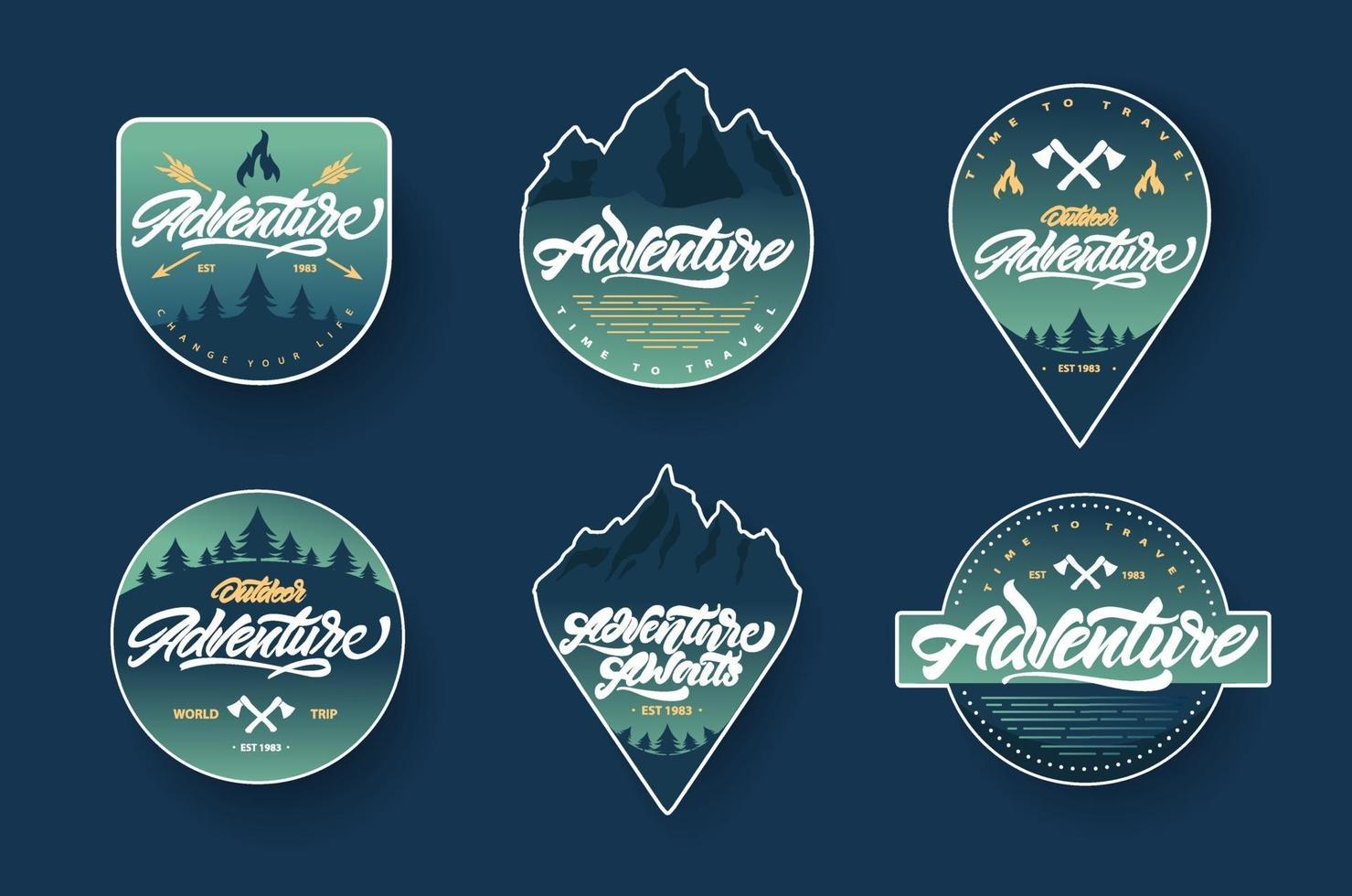 Adventure lettering set logos or emblems with gradient. Vintage logotype with mountains, bonfires and arrows. vector