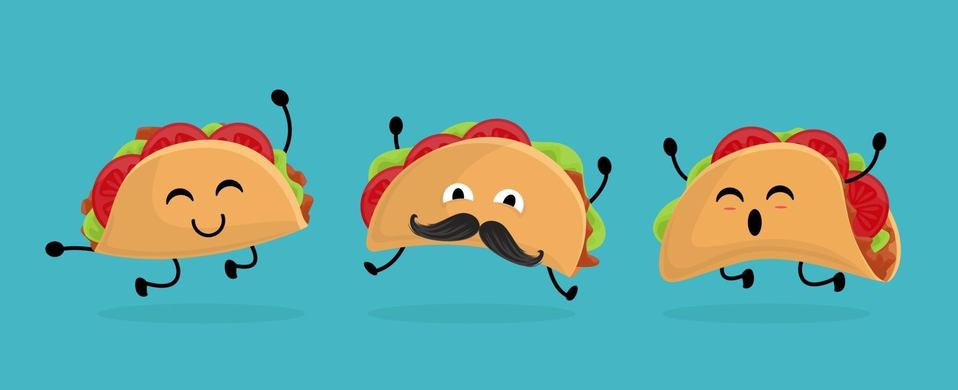 Mexico taco set in cartoon style. Taco with traditional Mexican food. With moustache and happy emotion. vector