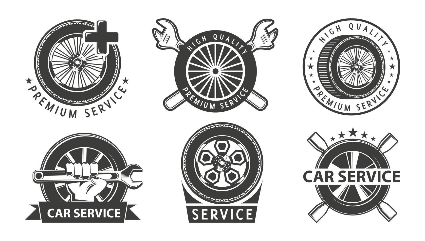 Maintenance work. Service, repair set of labels or logos. High quality. Hammer, wrench, washer, screwdriver elements in logotype. Monochrome sign. vector