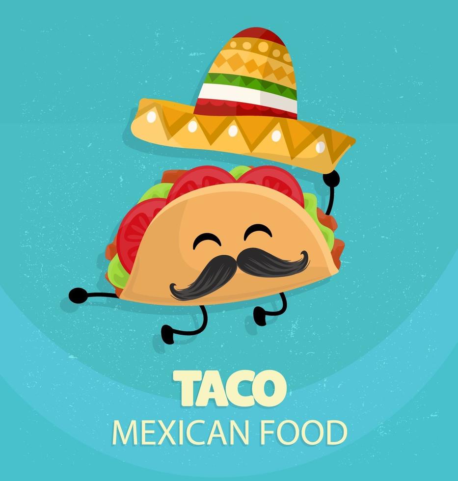 cartel de taco de méxico en estilo de dibujos animados. taco con sombrero mexicano tradicional con bigote y emoción feliz. vector