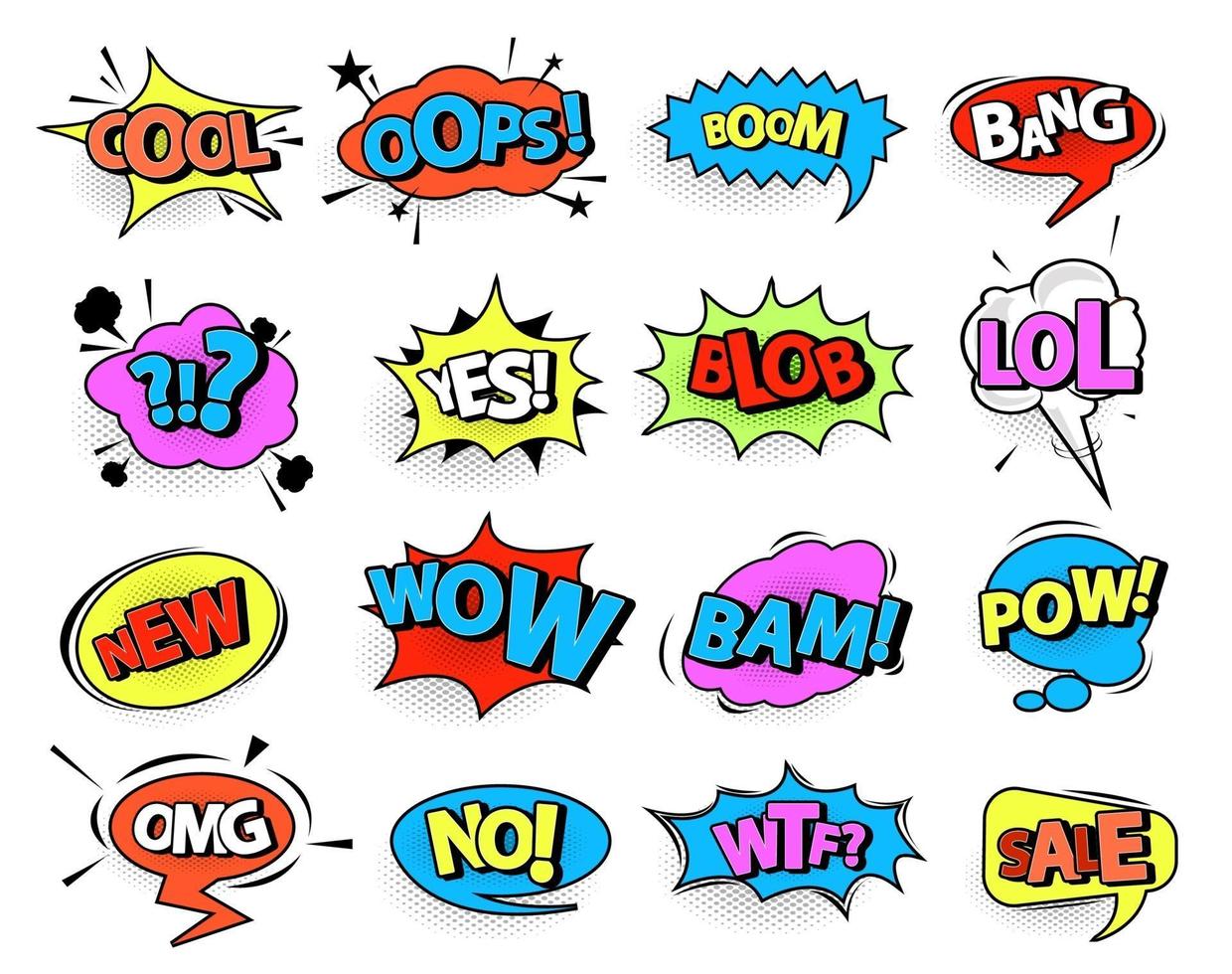 Comic speech bubble set with text with Wow, Bang, Omg, Boom, Yeah, Pow, Zap. Vector cartoon explosions.