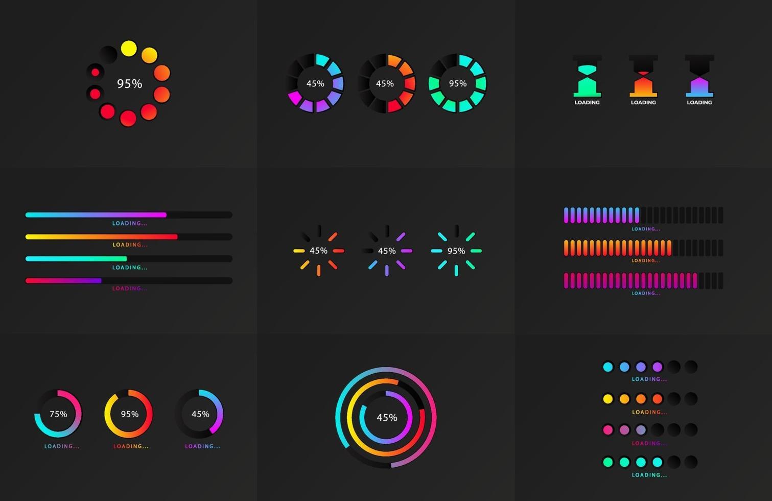 Set of indicators. Progress loading bar. Download progress, web design template, interface upload. vector