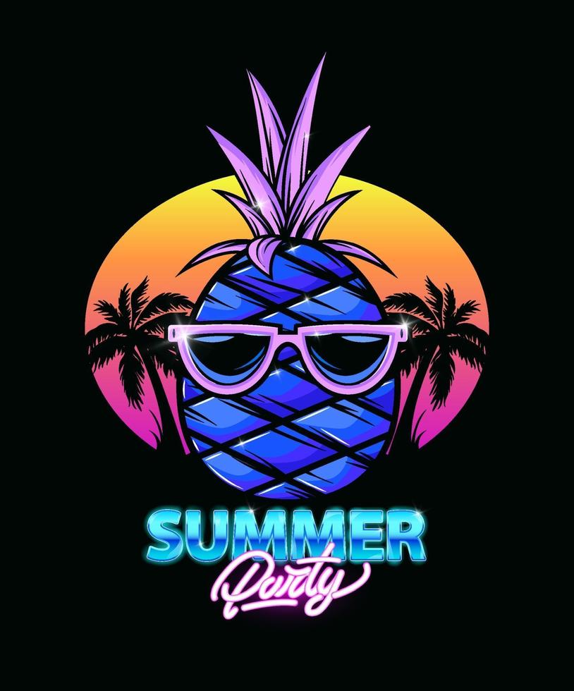 Pineapple illustration with palm trees and sunset. Summer party. Neon. Party. iIllustration for t-shirt print. Vector fashion illustration