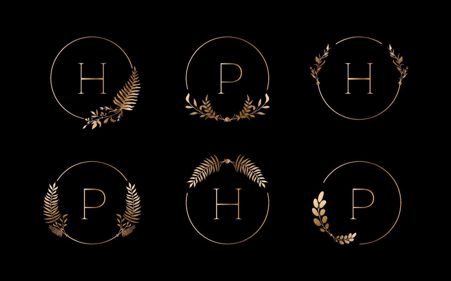 Luxury logos set with golden leaves and round line. Vector illustration design