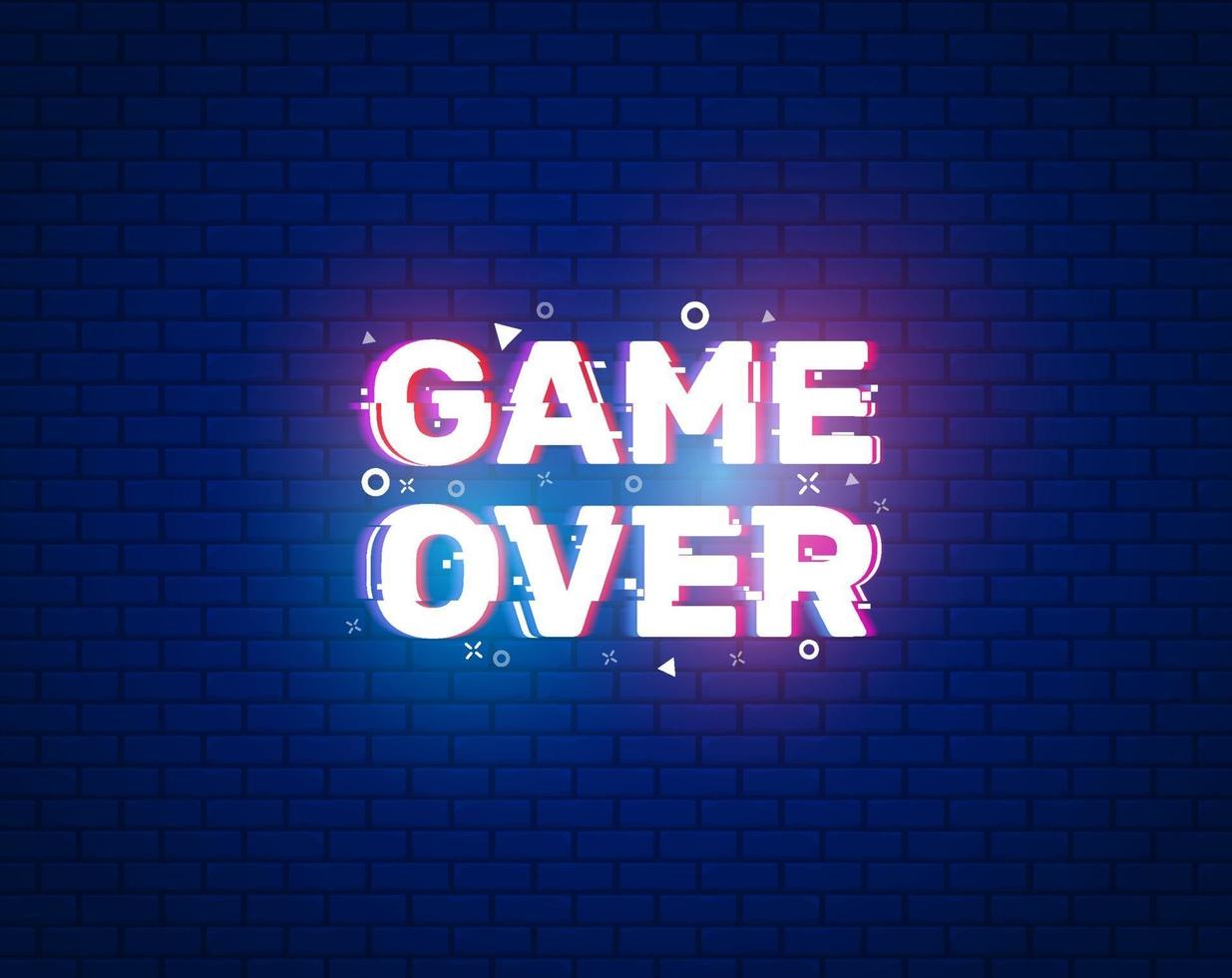 Game over banner for games with glitch effect. Neon light on text. Vector illustration design.