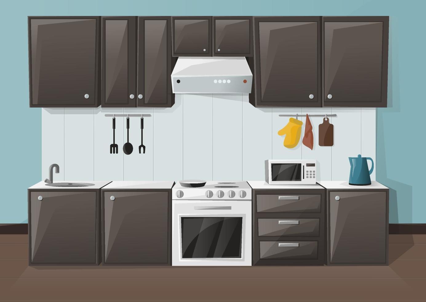 Kitchen interior design. Room with fridge, oven, microwave, sink and kettle. Cupboard furniture. Vector illustration