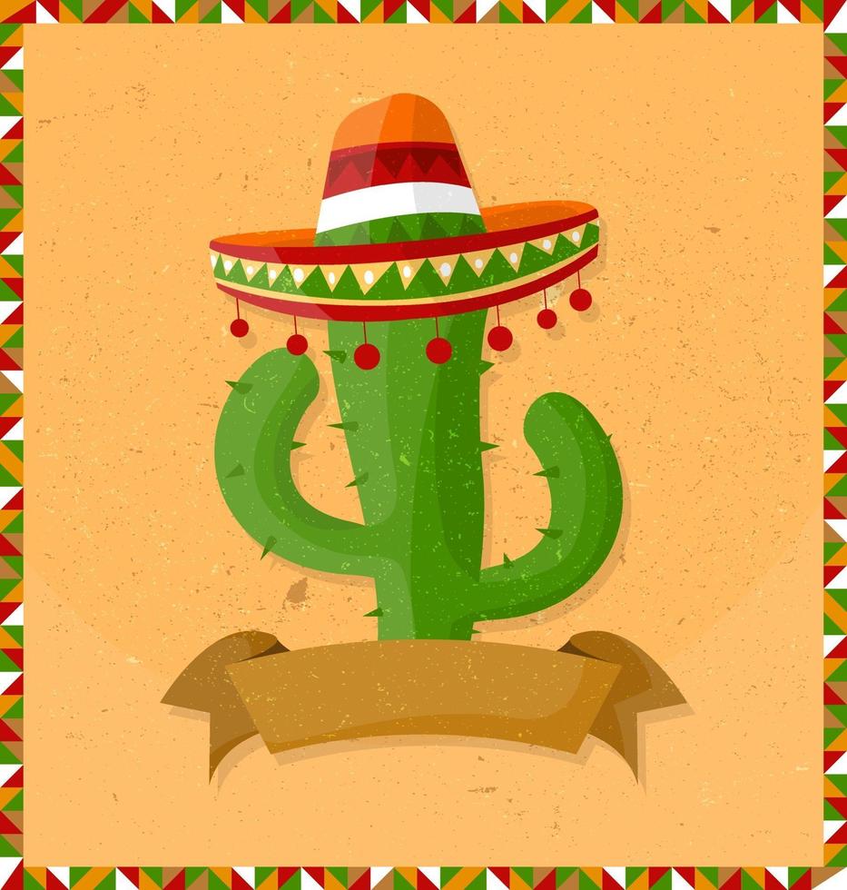 Mexico holiday poster with grunge texture and cactus with guitar. Cartoon style. Vector banner.