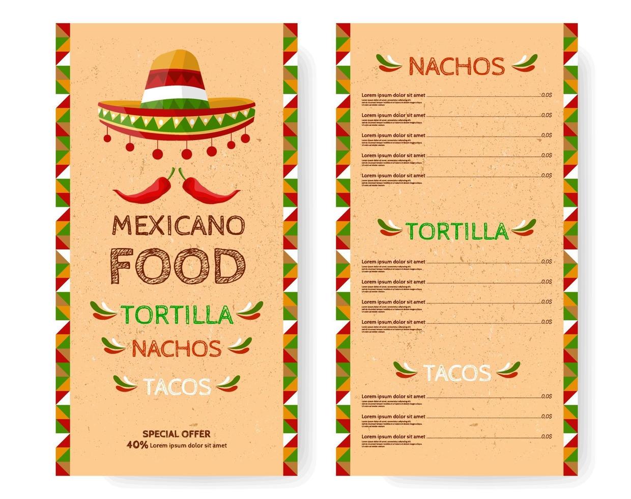 Mexican Food Restaurant menu. Tortilla, Nachos, Tacos. Template design with sombrero, chilli peppers illustration and national ornaments on texture paper. Special offer. vector