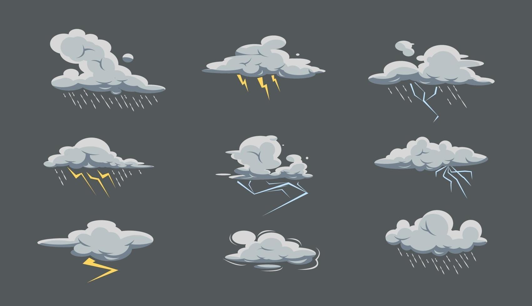 Storm cloud big set with rain and thunderstorm in cartoon style. Bad weather icon collection. Sky with rain vector