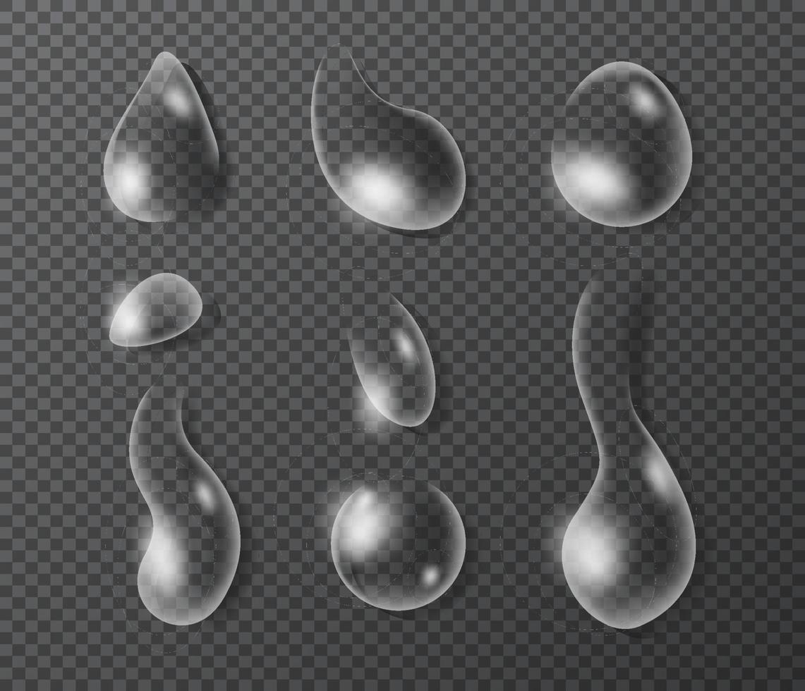Pure clear water drops realistic set on isolated background. 3d water. Vector illustration