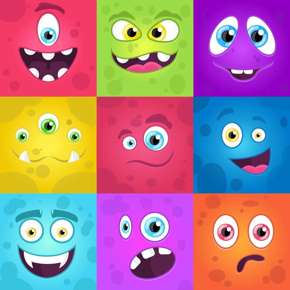 Monsters emotions. Scary faces big colourful set. Halloween aliens monsters collection vector