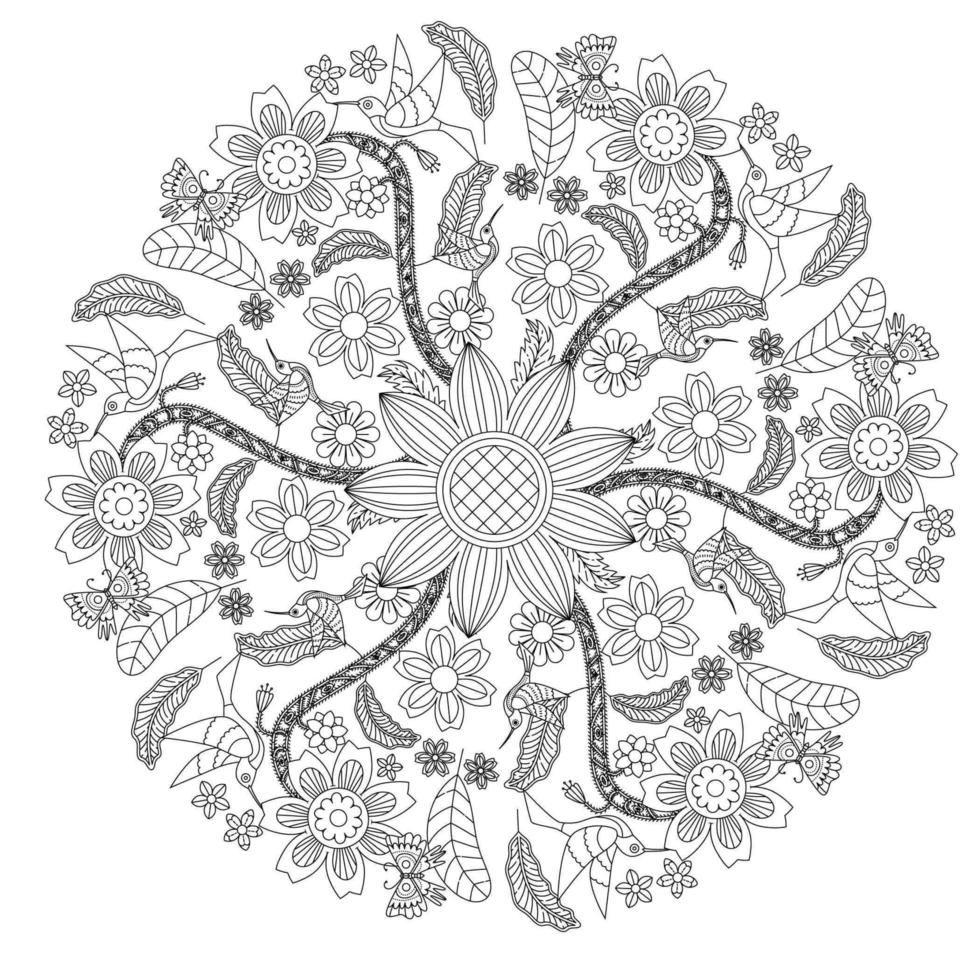 patrón floral circular en forma de mandala, adorno decorativo en estilo oriental, fondo de diseño de mandala ornamental con enredaderas, pájaros y mariposas vector gratuito